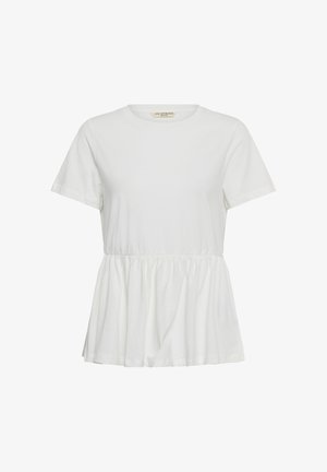 Weiße Bluse mit kurzen Ärmeln und rundem Ausschnitt sowie gerafftem Peplum-Taillendetail aus leichtem Stoff.