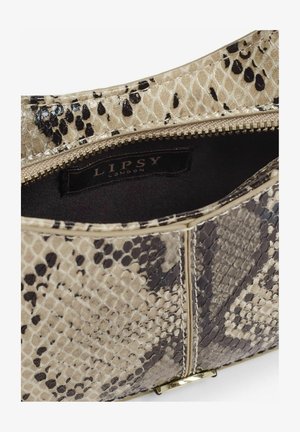 Beige ja musta kääriku mustriga kott, millel on pealmine tõmblukku sulgemine, kullakarva detailid ja tekstuuriga välimus. Kott on vooderdatud, sees on silt.