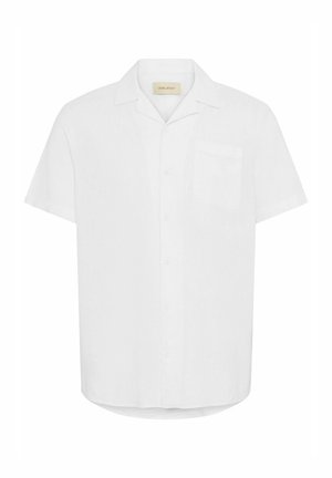 Short-sleeve white button-up shirt, made of lightweight fabric, featuring a single chest pocket and a relaxed fit design.