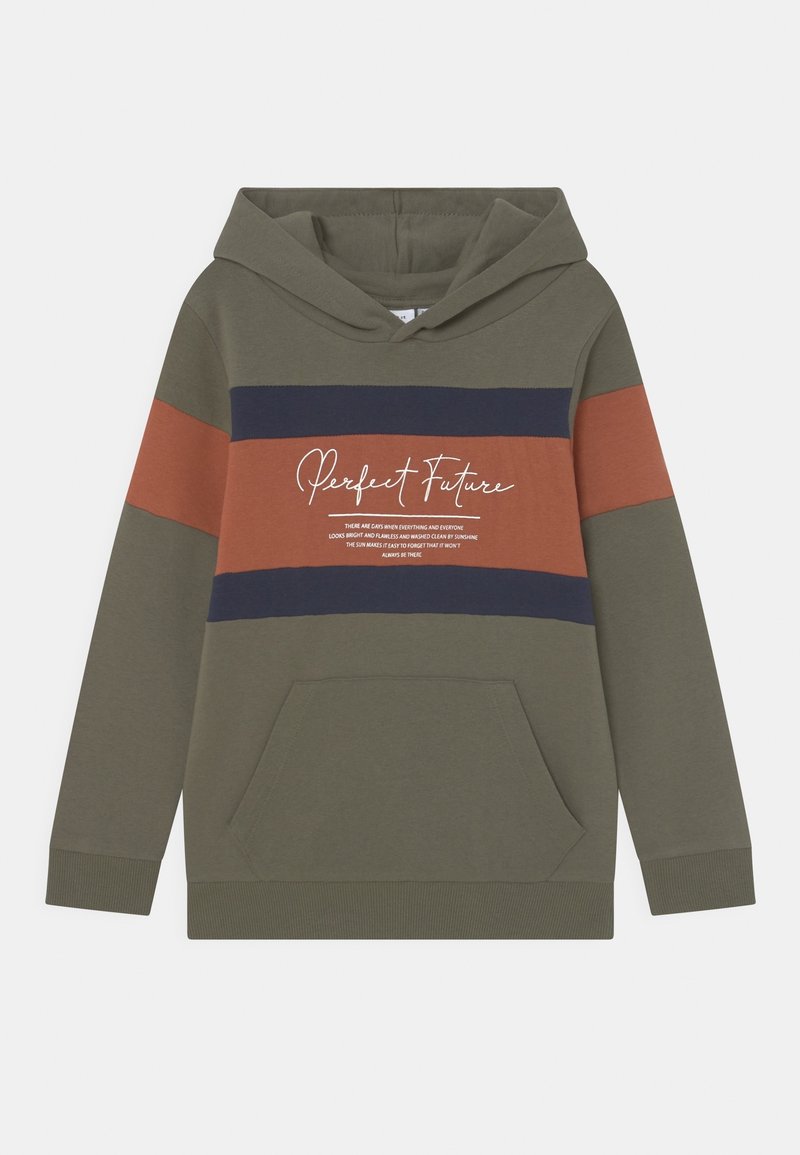 Sweat à capuche vert olive avec des rayures bleu marine et rouille sur la poitrine, arborant le texte blanc "Perfect Future" et une poche avant kangourou.