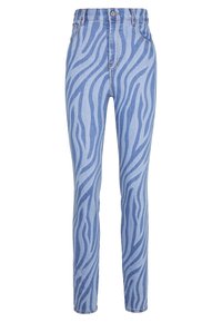 Jeans azul claro con un patrón de rayas de cebra en azul oscuro. Presentan una cintura alta, corte ajustado y diseño estándar de cinco bolsillos.