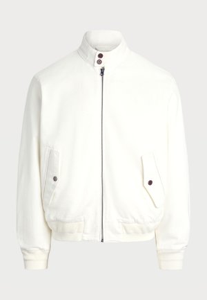 White zip-up jacket with a high collar, two front pockets with button closures, ribbed cuffs and hem, and smooth fabric texture.