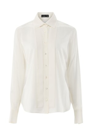 Weißes Hemd mit langen Ärmeln aus glattem Stoff, ausgestattet mit einem klassischen Kragen und einer vorderen Knopfleiste mit perlenähnlichen Knöpfen.