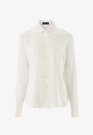 Weißes Hemd mit langen Ärmeln aus glattem Stoff, ausgestattet mit einem klassischen Kragen und einer vorderen Knopfleiste mit perlenähnlichen Knöpfen.