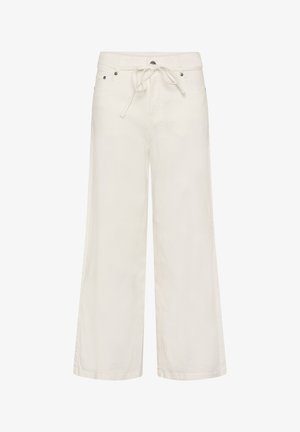 Balti plašas bikses ar priekšējām kabatām un aukliņu jostasvietā, ar pogu un jostas cilpām.