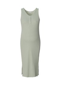 Hellgrünes, ärmelloses Kleid aus geripptem Strickstoff. Hat einen runden Ausschnitt und Knöpfe auf der Vorderseite, sowie Schlitzstreifen am Saum.
