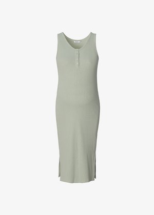 Hellgrünes, ärmelloses Kleid aus geripptem Strickstoff. Hat einen runden Ausschnitt und Knöpfe auf der Vorderseite, sowie Schlitzstreifen am Saum.