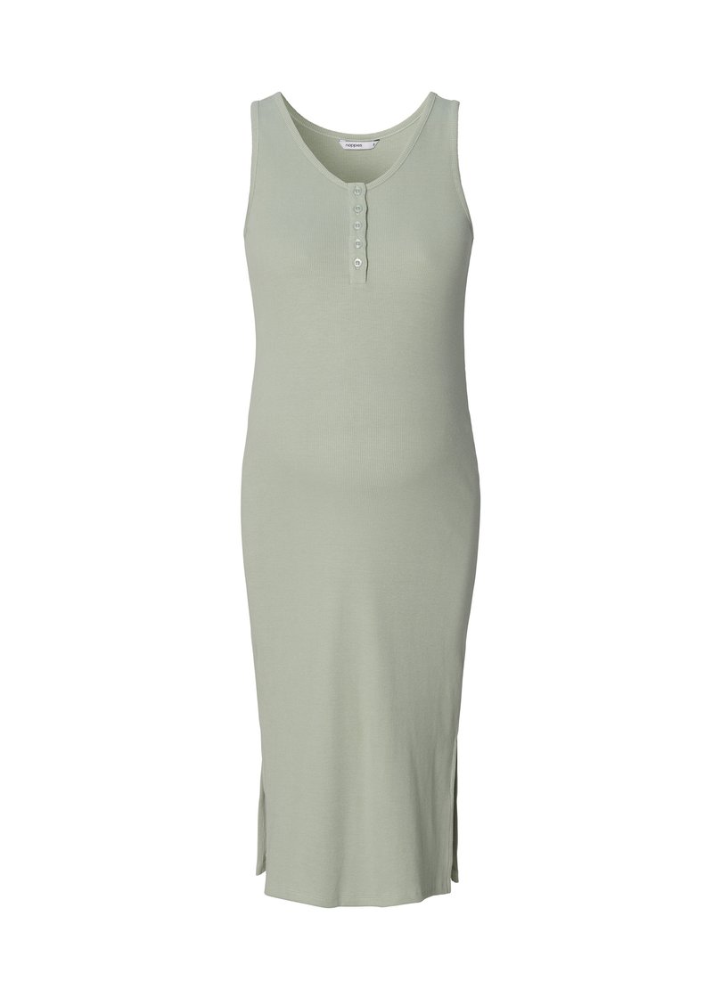Hellgrünes, ärmelloses Kleid aus geripptem Strickstoff. Hat einen runden Ausschnitt und Knöpfe auf der Vorderseite, sowie Schlitzstreifen am Saum.