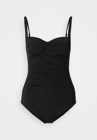 Fato de banho preto de uma peça com detalhes franzidos e alças ajustáveis nos ombros sobre um fundo claro liso.