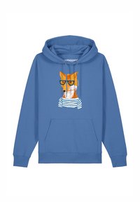 Blaue Kapuzenjacke mit einem Aufdruck eines Fuchses, der eine Brille und ein gestreiftes Hemd trägt. Das Material scheint weich zu sein und verfügt über eine vordere Tasche sowie eine Kordelzugkapuze.