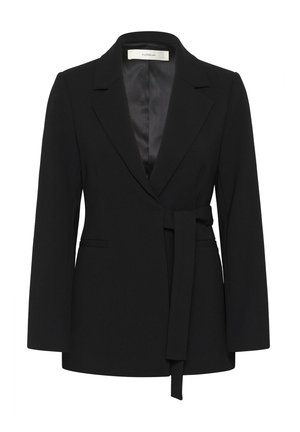Blazer nero con colletto a revers, maniche lunghe, cintura da annodare in vita e due tasche frontali; realizzato in tessuto testurizzato con un interno liscio.