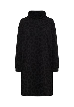 Svart hoodie-klänning med hög krage, långa ärmar och ett texturerat leopardmönster. Mjuk tygkvalitet och avslappnad passform.