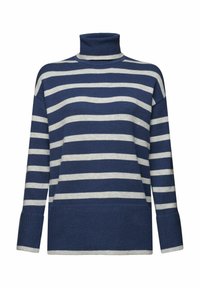 Pull à col roulé rayé bleu marine et gris clair avec manches longues et poignets et ourlet côtelés.