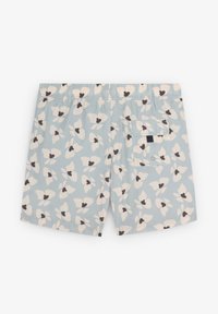 Shorts de bain bleu clair avec un motif floral et des accents noirs. Taille élastique avec une poche arrière et des détails cousus.
