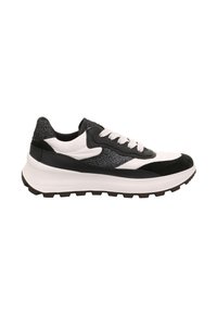 Scarpa sportiva in bianco e nero con upper testurizzato, suola in gomma, design con lacci e materiali stratificati per un ulteriore profondità.