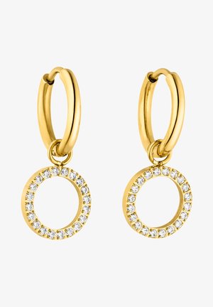 Boucles d’oreilles créoles en or avec de petites pierres précieuses rondes et transparentes formant un pendentif circulaire suspendu à chaque créole.