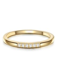 Zlatý prsteň s hladkým pásikom; obsahuje priehľadný kryštálový akcent so začlenenými piatimi kameňmi pre dodatočný lesk.