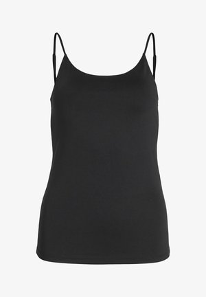 Black camisole with thin adjustable straps. Smooth fabric, fitted shape. No patterns or embellishments. Simple design and solid color.