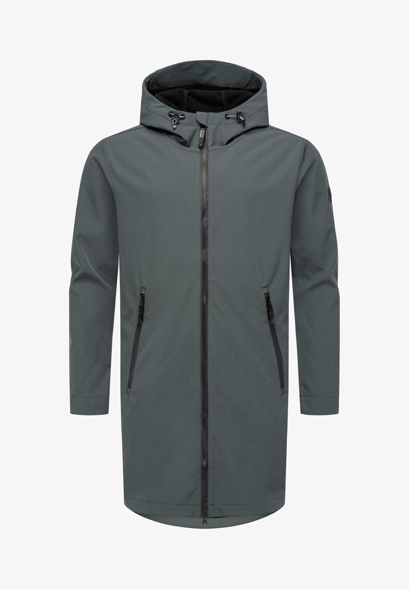 Abrigo largo gris con capucha, que cuenta con un cierre frontal, dos bolsillos laterales con cremallera y cordones ajustables en la capucha. Textura suave.