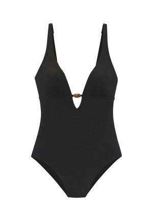 Black one-piece swimsuit with leaf pattern, deep V neckline, wide shoulder straps, and small decorative brown clasp at center front.