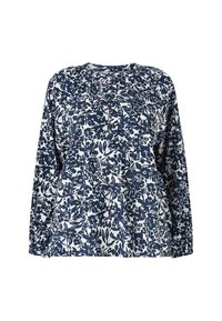 Navy blauwe blouse met lange mouwen, voorzien van een bloemenpatroon in het wit, ronde halslijn en geplooide details aan de voorkant. Gemaakt van lichtgewicht stof.