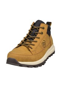 Braune Wildleder-Wanderschuhe mit schwarzem Stoffkragen, kontrastierenden Schnürsenkeln, gepolsterter Sohle und einer strukturierten Gummisohle für besseren Halt.