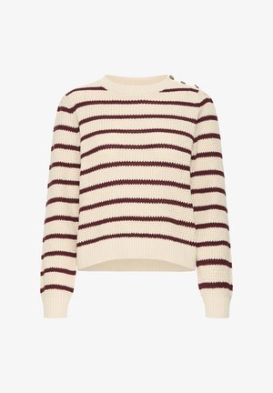 Suéter de punto crema con rayas horizontales burdeos, cuello redondo, mangas largas, puños y dobladillo acanalados, y botones en el hombro izquierdo.