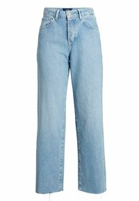 Ljusblå, hög midja jeans med rak benen, som har en rå fåll, fem fickor och metalldetaljer. Denimtexturen är synlig.