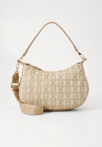 Beige gemusterte Handtasche mit geschwungener Form, aus glattem Canvas-Material, mit Schulterriemen und Reißverschluss.