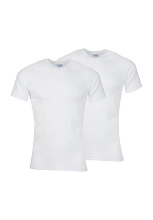 Deux t-shirts blancs à manches courtes en coton, présentant un design classique col rond et une texture lisse.