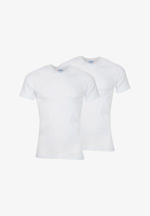 Deux t-shirts blancs à manches courtes en coton, présentant un design classique col rond et une texture lisse.