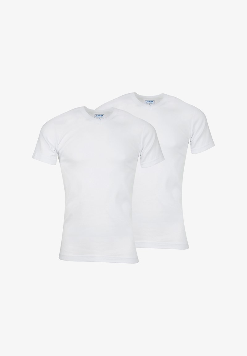 Deux t-shirts blancs à manches courtes en coton, présentant un design classique col rond et une texture lisse.