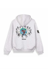 Szara bawełniana bluza z kapturem na sznurki. Posiada kolorową grafikę globu otoczoną stylizowanymi postaciami z tyłu oraz logo na dolnym brzegu.
