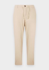 Beżowe lniane spodnie o prostym kroju, z zapięciem na guzik i sznurkiem do regulacji. Gładka faktura, lekki materiał i casualowy styl.