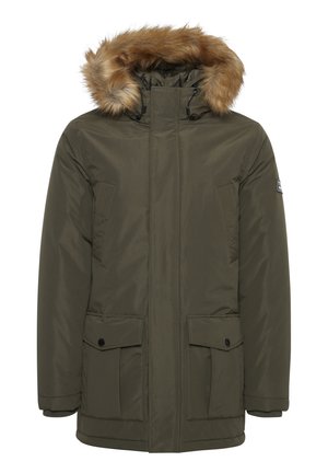 Giacca parka verde oliva con cappuccio bordato in pelliccia sintetica, due tasche frontali e polsini a coste. Realizzata in materiale liscio e isolante.