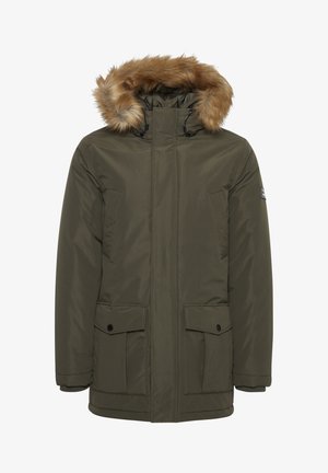 Olivově zelená parka s kapucí lemovanou umělým kožešinou, dvěma předními kapsami a žebrovanými manžetami. Vyrobeno z hladkého zatepleného materiálu.