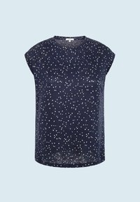 Navy blue short-sleeve top featuring a speckled white dot pattern. Made from a lightweight material with a relaxed fit and rounded hem.