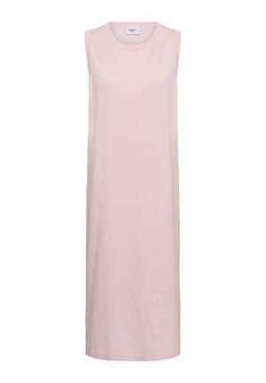 Ärmelloses, hellrosa, knieumspielendes Strickkleid mit rundem Ausschnitt und einem kleinen weißen Etikett am hinteren Innkragen.