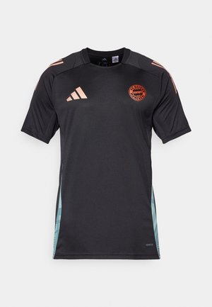 Black FC Bayern Munich jersey made of breathable fabric. Features pink accent stripes on shoulders and a teal panel on sides.