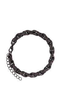 Black metal chain necklace featuring interlinked oval-shaped links and a clasp with adjustable chain length detail.