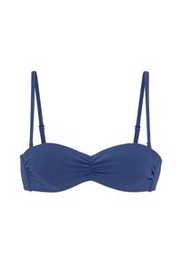 Mėlynas raukšlėtas bikini viršus su susiraukšlėjusiu centru, plonomis reguliuojamomis petnešomis ir be siūlių dizainu, suteikiančiu sklandų siluetą.