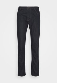 Mörkblå raka denimjeans med knapp- och dragkedjestängning, framfickor och synliga sömnadsdetaljer.