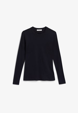 T-shirt à manches longues bleu marine en coton doux avec un col rond et un ourlet droit. Ne présente ni motifs ni embellissements.