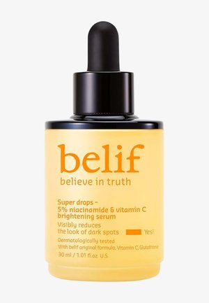 Flacon compte-gouttes jaune du sérum belif Super drops avec 5% de niacinamide et de vitamine C pour illuminer et réduire les taches foncées, 30 ml.