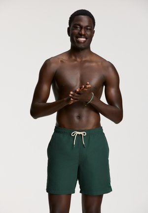 Shorts de bain verts avec taille à cordon de serrage, présentant une texture lisse et un petit logo au bas. Le modèle est torse nu et sourit.