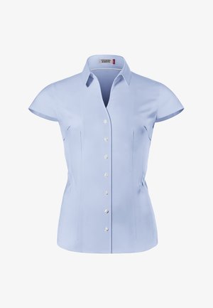 Light blue short-sleeved shirt made of smooth fabric, featuring a pointed collar and six prominent pearl buttons down the front.