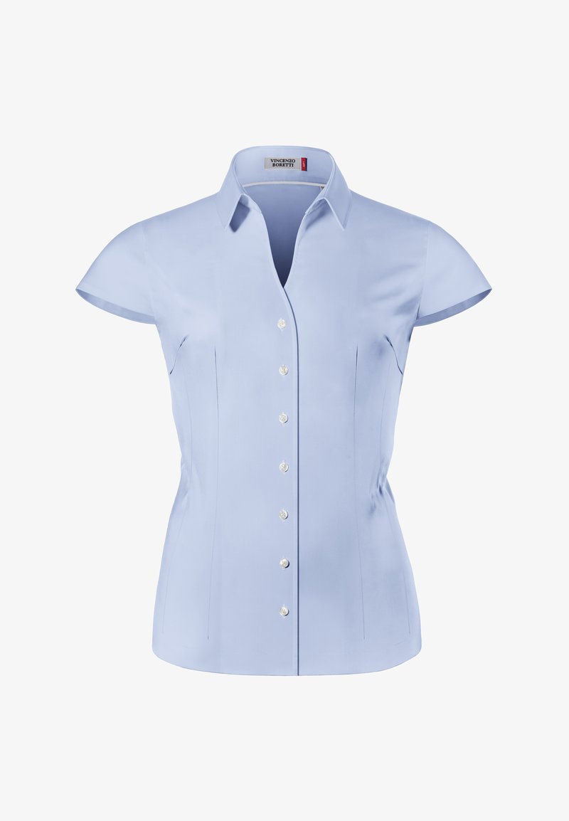 Light blue short-sleeved shirt made of smooth fabric, featuring a pointed collar and six prominent pearl buttons down the front.