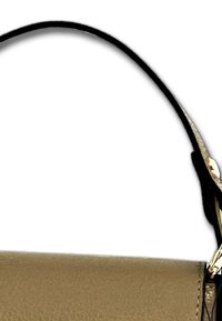 Bruine leren handtas met een gladde textuur, voorzien van een zwarte, gebogen handgreep en metalen hardware-accenten. Eenvoudig plat ontwerp.