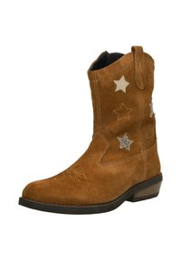 Brown suede cowboy boot with star patterns in silver and black accents, rounded toe, and a low heel, featuring a pull tab at the top.