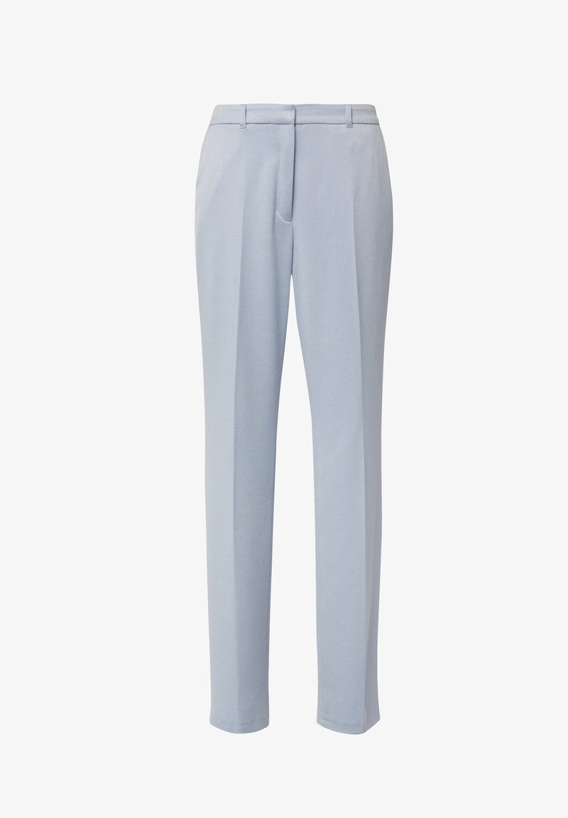 Pantalon tailleur bleu clair avec une finition texturée, taille plate, deux poches latérales et une coupe slim.